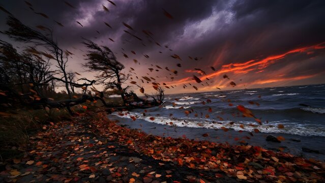 Subject: Autumn landscape with colorful leaves scattered across lakeside ground at sunset swept by a violent prophetic wind, Environment: exposed shore, bending dead trees, surging lake ripples and br