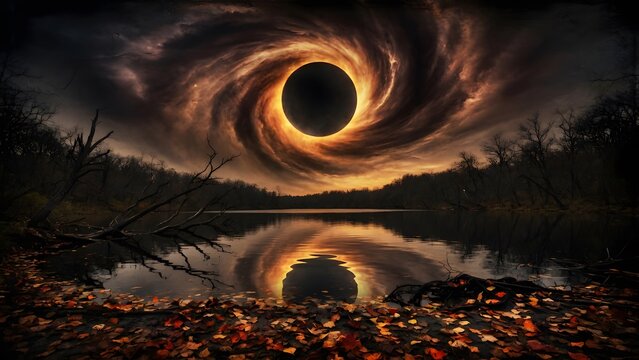 Subject: Autumn landscape with colorful leaves on the ground beside a lake at sunset during a terrifying celestial eclipse, Environment: lonely lakeside forest, broken branches, dark clouds spiraling 
