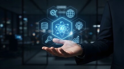 Fototapeta premium Artificial intelligence concepts with glowing icons displayed on a hand in a blurred city background