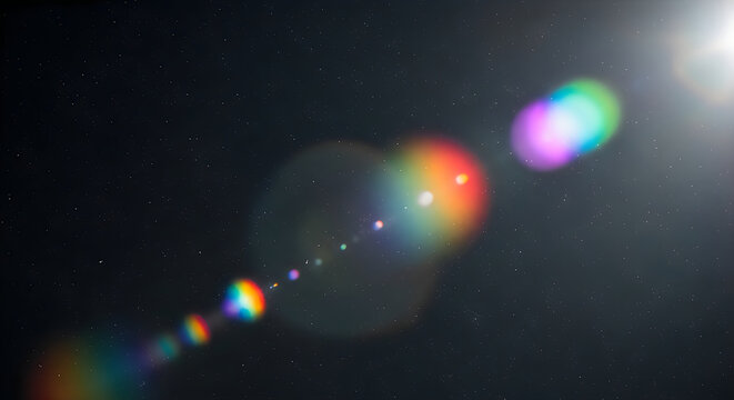 Dramatic lens flare effect with rainbow streaks against a dark night sky background