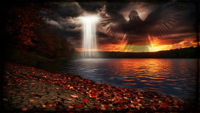 Subject: Autumn landscape with colorful leaves on the ground and a lake at sunset under the presence of a monumental unseen angelic warning, Environment: silent forest edge, cracked earth near the sho