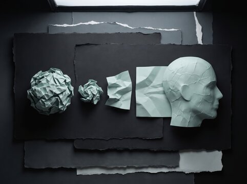 Five paper craft stages transforming from crumpled ball into head