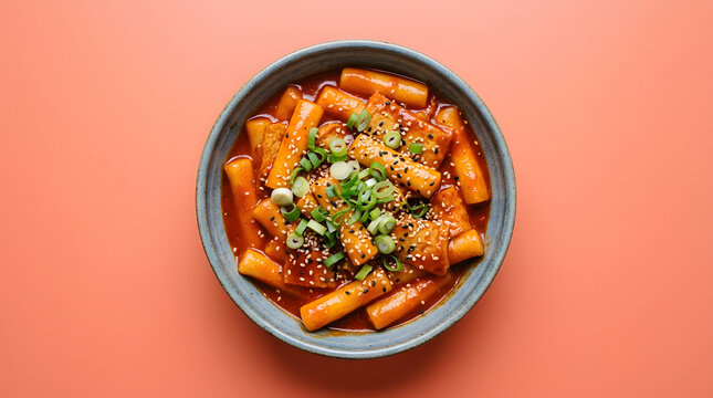 Korean tteokbokki with chewy rice cakes coated in thick glossy spicy gochujang sauce, garnished with sesame seeds