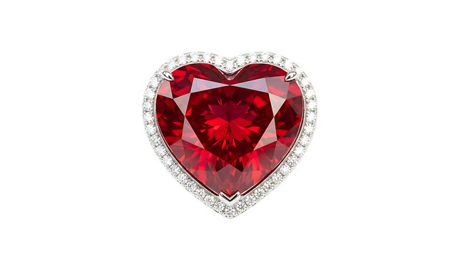 Heart shaped ruby gemstone with diamond halo isolated on transparent background luxury jewelry design element
