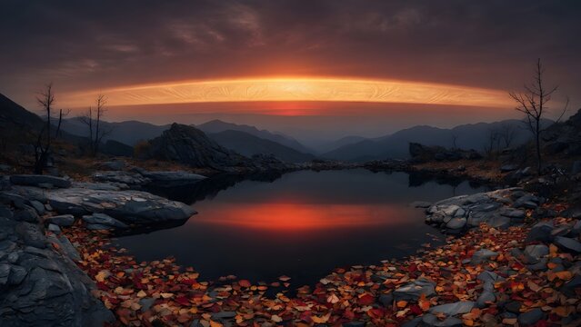 Subject: Autumn landscape with colorful leaves on the ground and a lake at sunset where a luminous covenant-like band stretches across the distant horizon, Environment: abandoned shoreline with fractu