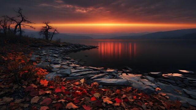 Subject: Autumn landscape with colorful leaves on the ground and a lake at sunset where a luminous covenant-like band stretches across the distant horizon, Environment: abandoned shoreline with fractu