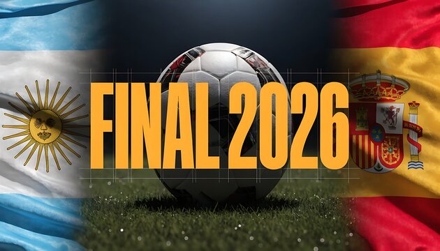 Glowing esports-style matchup banner displaying Argentina versus Spain inside futuristic diamond panels for their 2026 soccer final.