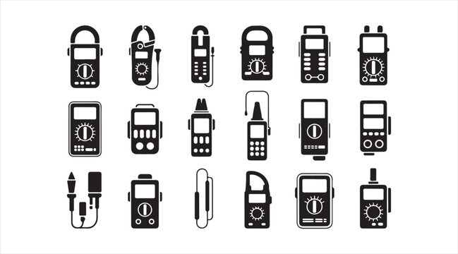 Electrical connector and charging cable icon collection featuring USB plugs, power adapters, sockets and electronic interface symbols in minimal black vector style.