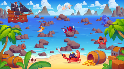 Naklejka premium Pirate labyrinth maze game worksheet, help to corsair ship find island of treasures. Kids riddle with boat, rocky tropical island and chest on sandy beach with crab, pelican, kraken, whale characters