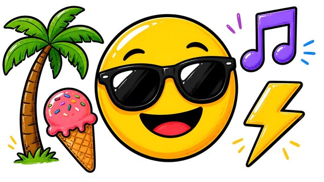 Happy summer emoji with palm tree music notes ice cream and lightning bolts vector illustration