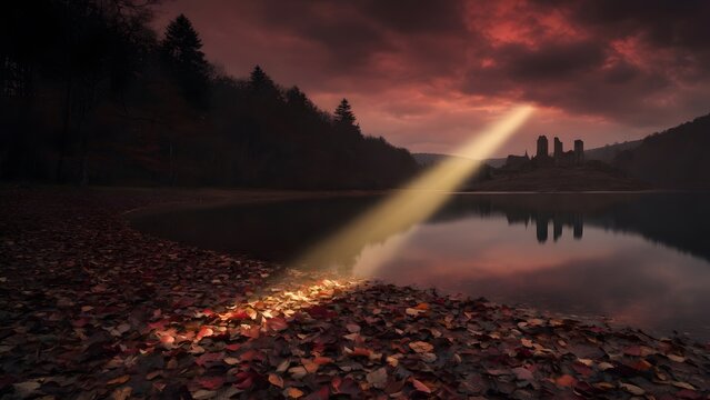 Subject: Autumn landscape with colorful leaves covering a lonely lakeside ground at sunset as the earth witnesses a final sacred sign, Environment: empty shoreline, dark forest wall, faint distant rui
