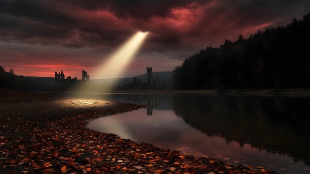 Subject: Autumn landscape with colorful leaves covering a lonely lakeside ground at sunset as the earth witnesses a final sacred sign, Environment: empty shoreline, dark forest wall, faint distant rui