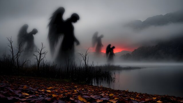 Subject: Autumn landscape with colorful leaves covering a lakeside ground at sunset surrounded by hollow angel-like silhouettes carved from fog, Environment: misty shore, black reeds, still water, dea