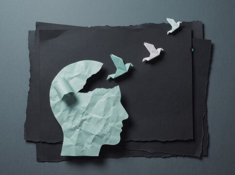 Paper craft head silhouette with three origami birds flying away