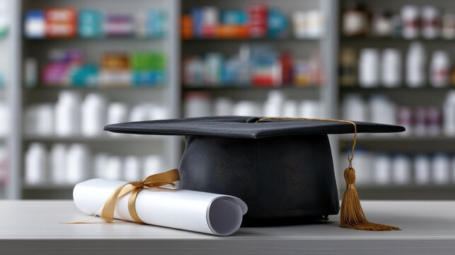Graduation cap and rolled diploma on a pharmacy desk. Concept for pharmaceutical education and career success.