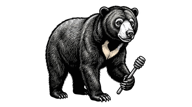Black bear holding honey dipper.