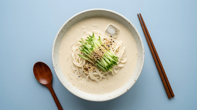 Korean kongguksu featuring cold wheat noodles in creamy soybean broth topped with cucumber slices and sesame seeds.