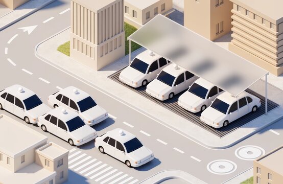 Isometric 3D illustration of a fleet of white cars parked in a city lot