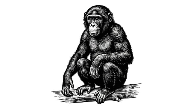 Chimpanzee sitting on ground looking down.