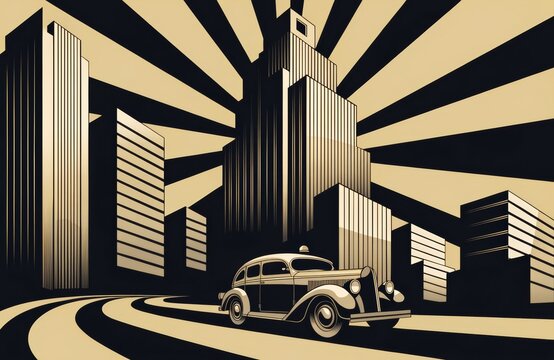 Elegant vintage taxi drives through a stylized 1930s city skyline