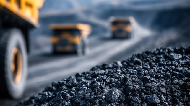 Large pile of raw coal with massive mining trucks in the background. Industrial energy sector and fossil fuel.