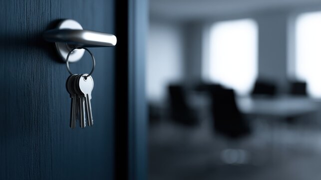 Keys hanging on a dark office door handle. Concept of business security and successful new ventures.