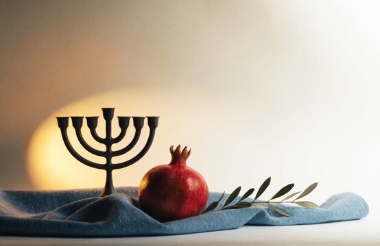 Elegant Jewish faith and heritage still life with menorah and pomegranate