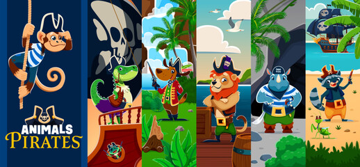 Cartoon animal pirates characters collage. Playful monkey, crocodile, dog, lion, rhino and raccoon on tropical island beach and ship deck with pirate hats, treasure barrels, palm trees and ocean shore © Vector Tradition