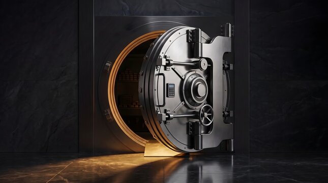 Heavy Metallic Bank Vault Door Opening to Reveal Gold Bars and Glowing Light
