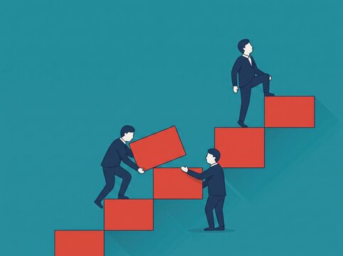 Three businessmen stacking red blocks to build rising staircase