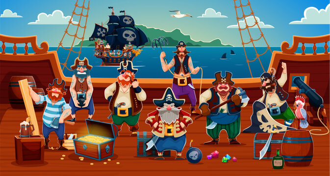 Pirate crew member characters on wooden ship deck. Cartoon captain, boatswain, lumberjack and carpenter, tailor and gunner with sailor holding grappling hook, ready for Caribbean sea adventure on boat