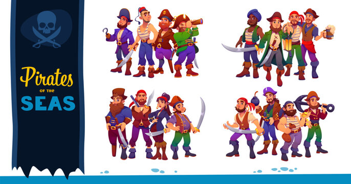 Cartoon pirate ship crew characters. Captain and skipper, boatswain and helmsman, deckhand and cabin boy sea adventurers or treasure hunter male and female personages. Fun fantasy swashbuckler crewmen