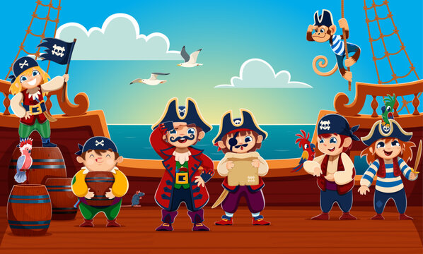 Cartoon kid pirate characters and corsairs on wooden ship deck. Funny crew and captain, boatswain with treasure map and playful monkey evoking nautical adventure, swashbuckler journey or party fun