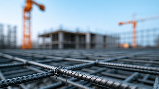 Close-up of steel reinforcement bars tied together on a construction site. Perfect for real estate and engineering.