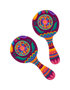 Mexican carnival colorful maraca music instrument. Latin American carnival music instrument sticker, Cuba holiday isolated vector maraca. Mexican culture folk maracas with flower and leaves patterns