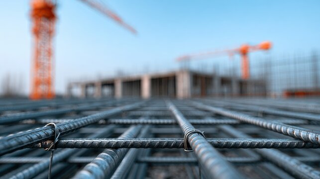 Metal rebar grid for concrete slab construction on site. Ideal for architecture and building development themes.