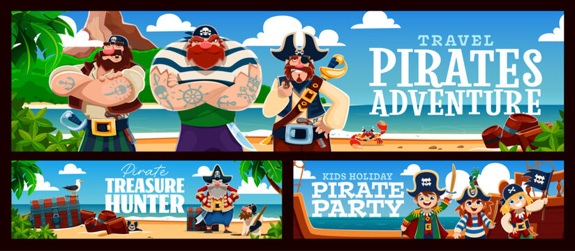 Cartoon pirate and corsair sailors characters. Banners with ship crew on sunny tropical beach with treasure chest, barrels, palm trees and a playful crab. Fun holiday summer party adventure banners