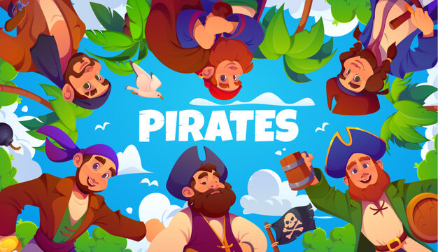 Cartoon caribbean pirate characters, corsair personages of cheerful captain and sailors. Happy pirate characters with tricorn hats and bandanas, skull and crossbones black flag on treasure island