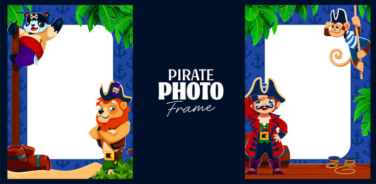 Kids photo frames with animals and children pirates. Borders with lion captain, panda and monkey cartoon characters with barrels, rope, palm leaves and anchor for party portraits and children events