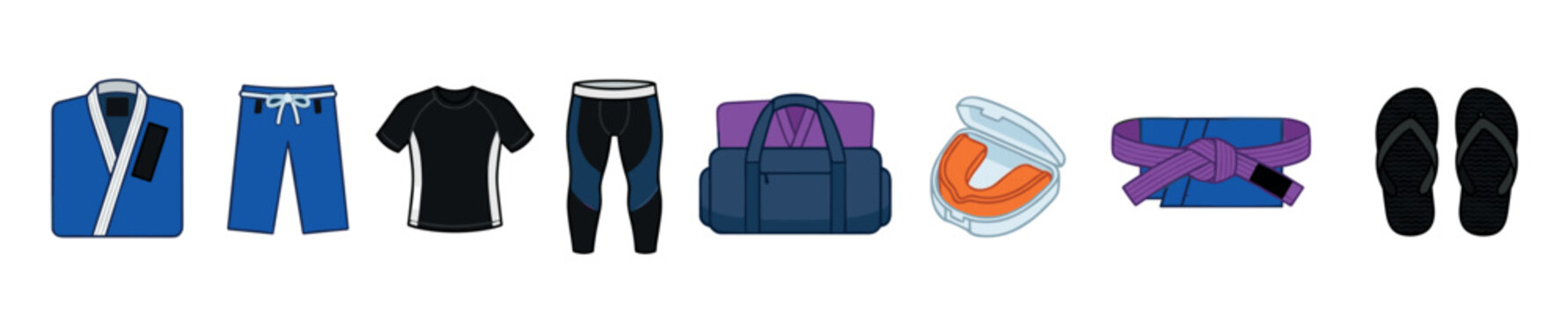 Brazilian Jiu-Jitsu gear and equipment for martial arts training, including a gi, rash guard, compression pants, belt, mouthguard, gym bag, and flip-flops.