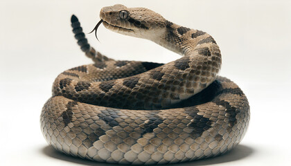 Obraz premium Coiled snake with dark brown and gray patterned scales and forked tongue extended isolated on white background symbolizing reptile danger and wildlife anatomy