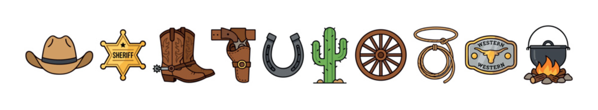 Vibrant collection of cartoon Western cowboy themed objects, featuring a hat, sheriff badge, boot, gun, horseshoe, cactus, wagon wheel, lasso, belt buckle, and campfire.