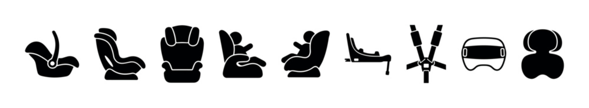 Child car seats and baby safety equipment collection featuring various types of infant carriers, booster seats, and harnesses for safe travel.