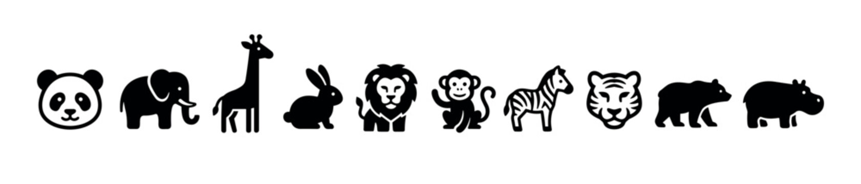 Collection of simple animal icons in black silhouette style, featuring panda, elephant, giraffe, rabbit, lion, monkey, zebra, tiger, bear, and hippo.