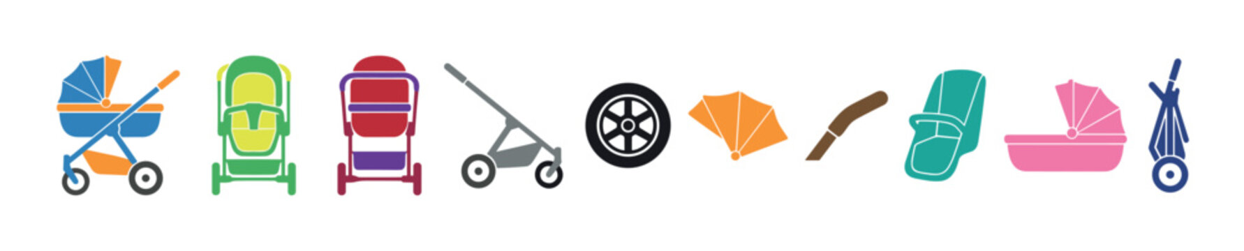 Various colorful baby strollers, car seats, and related accessories are depicted as simple vector icons for childcare and infant transport concepts.