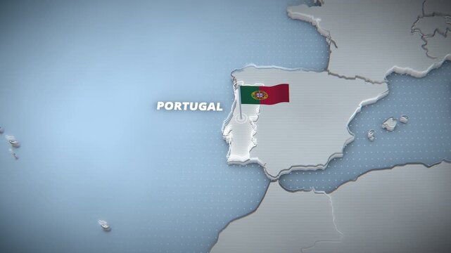 3D extruded map of Western Europe highlighting Portugal with a national flag pin and text label, ideal for horizontal broadcast news graphics or corporate presentation backgrounds.
