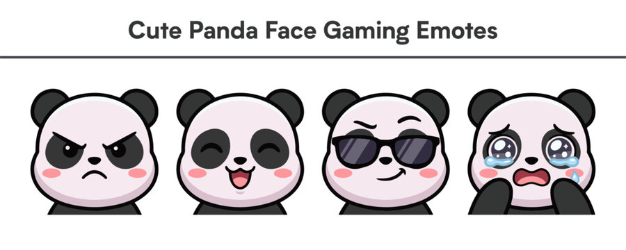 Cute panda face gaming emotes set with four different facial expressions capturing gamer reactions for virtual community interaction