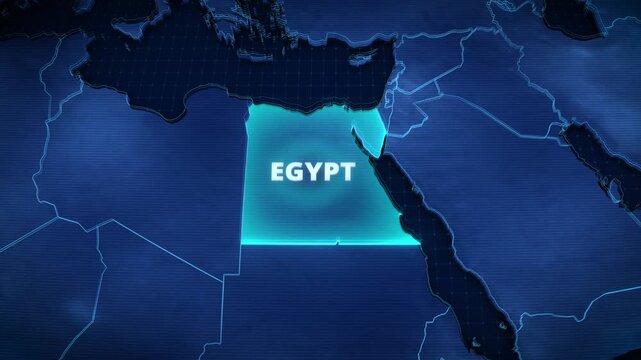 3D digital map animation of North Africa highlighting Egypt in neon blue, modern educational geography graphic ideal for travel presentations and documentary backgrounds in widescreen.

