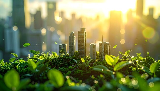Miniature modern city skyscrapers growing from lush green foliage under warm sunlight representing sustainable urban development