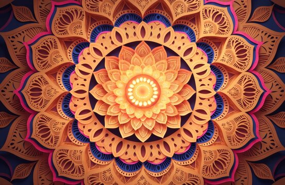 Intricate paper mandala art with warm orange and vibrant pink hues